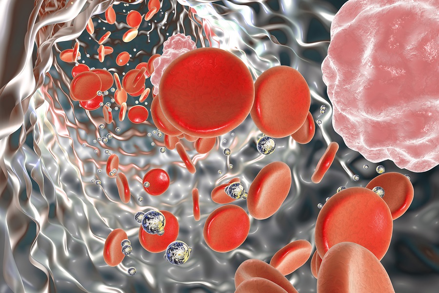 Nanoparticles in blood, 3D illustration. Conceptual image illustrating treatment and diagnostics with nanoparticles